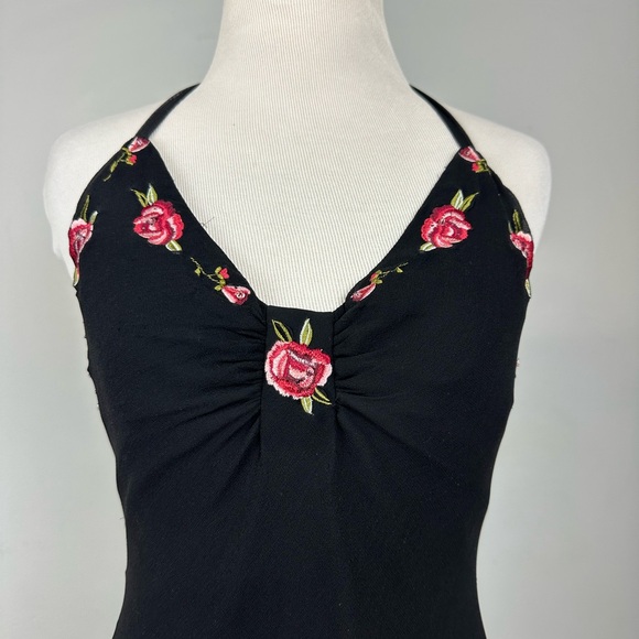 Vintage Betsey Johnson 100% Silk Rose Embroidered Halter Slip Dress Sz 4 - Picture 4 of 13